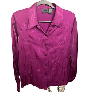 Vintage 90s Silk Laura Scott Fuschia Beaded Button Up Blouse size 12